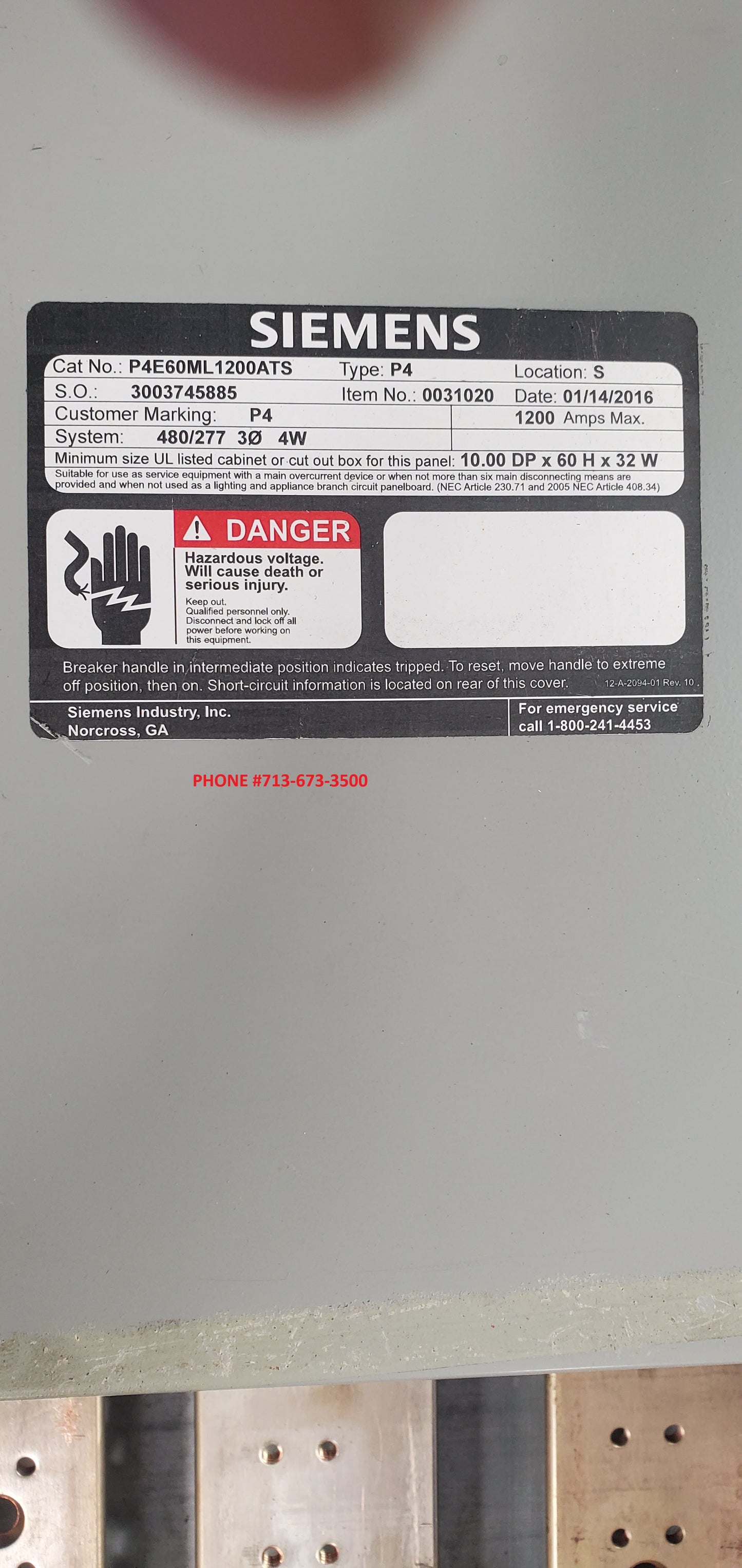 1200 AMP 480/277 MLO INDOOR SIEMENS PANEL P4E60ML1200ATS
