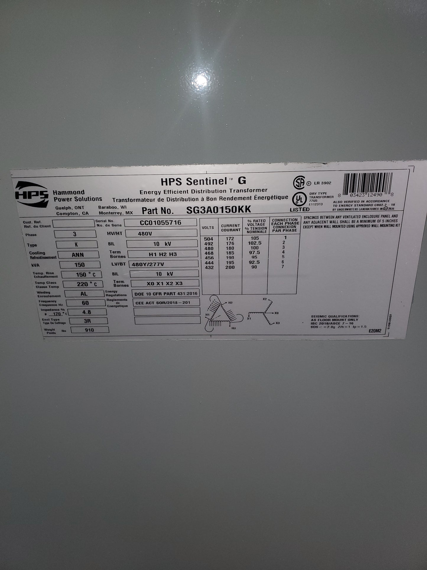 Hammond SG3A0150KK 150 KVA-PRI-480V DELTA-SEC 480/277 Transformer #10