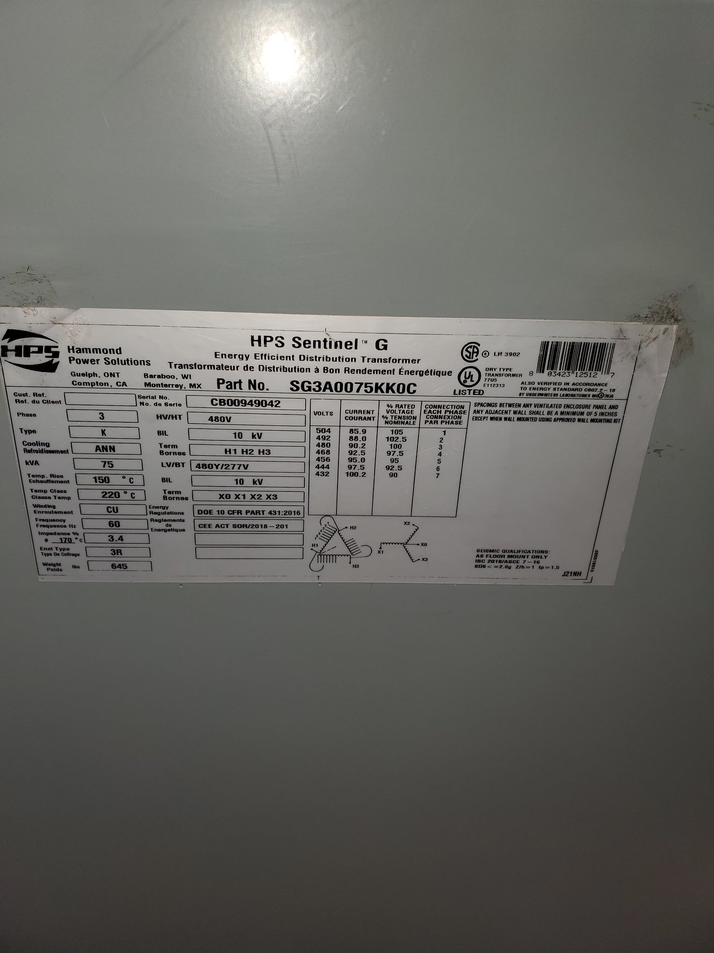 75 KVA PRIMARY 480 SECONDARY 480/277 VOLT 3 PHASE SG3A0075KK0C