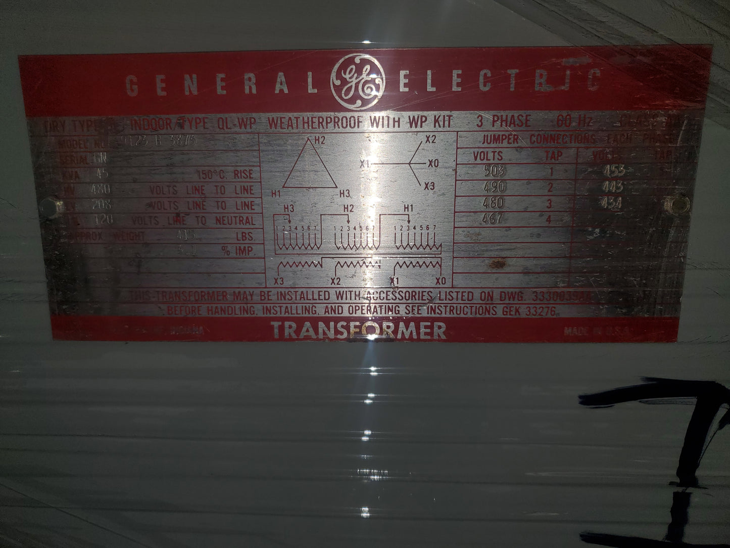 GE General Electric Dry Type Transformer 45KVA 9T23B3873 3 PHASE