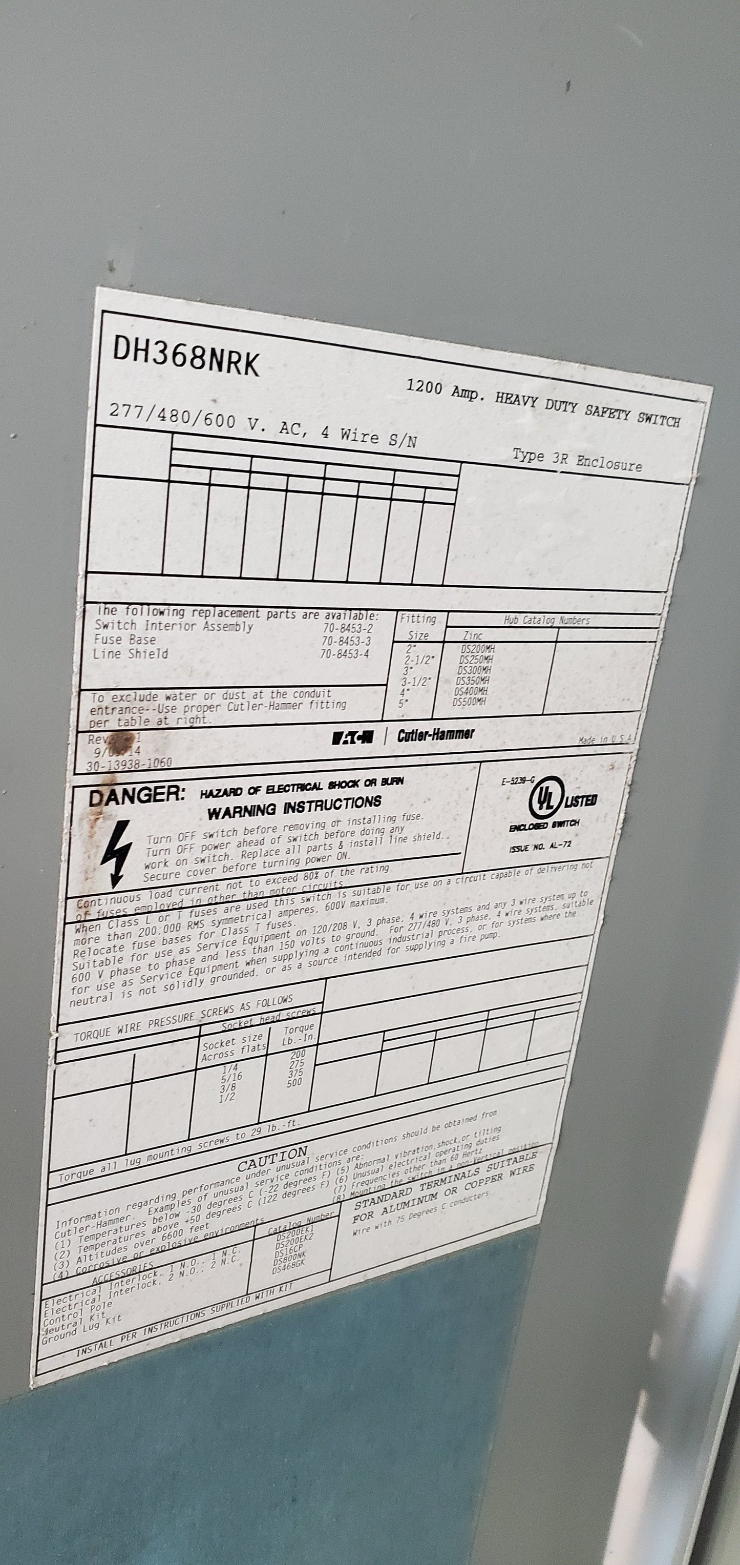 1200 amp disconnect 600 volt outdoor DH368NRK Eaton Cutler Hammer