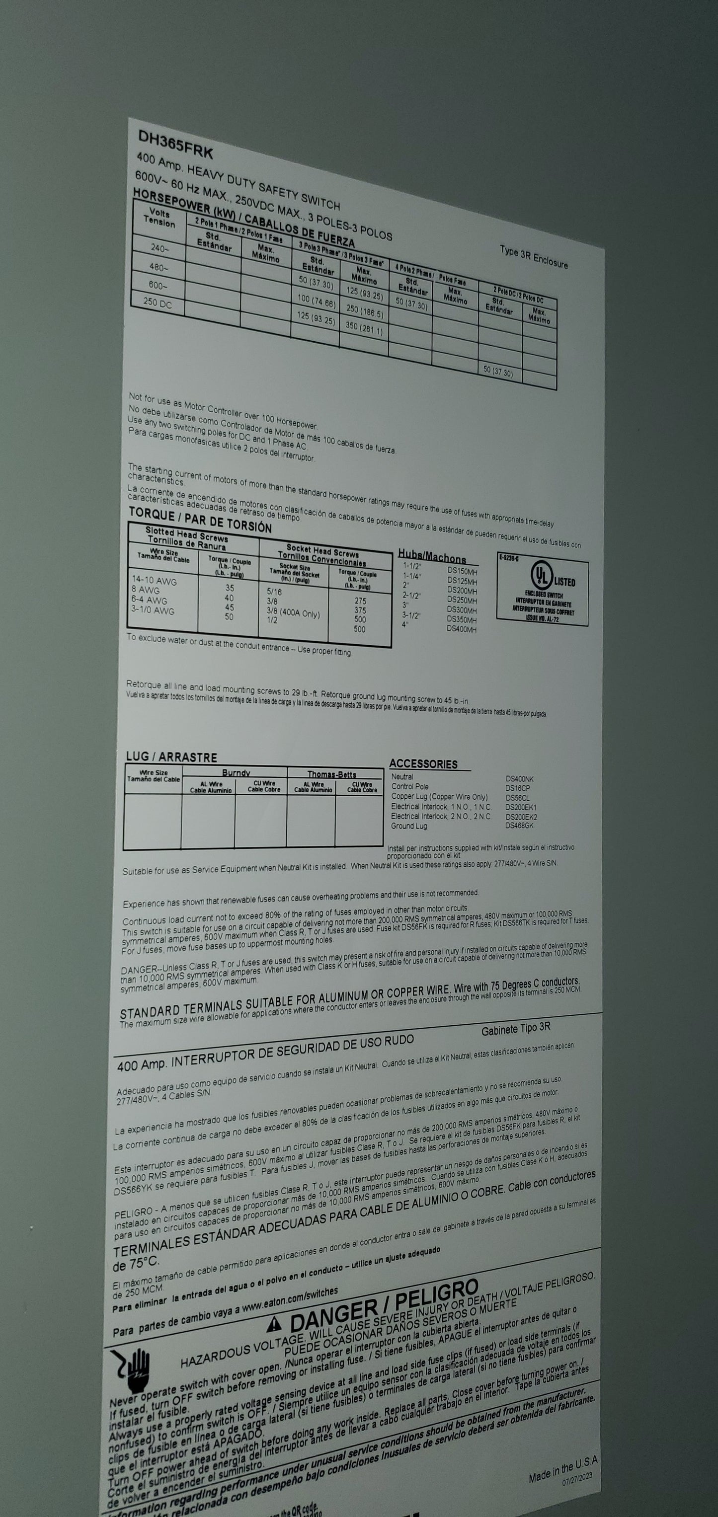 Eaton NSB DH365FRK 400 amp 600 volt fused disconnect 3 phase outdoor