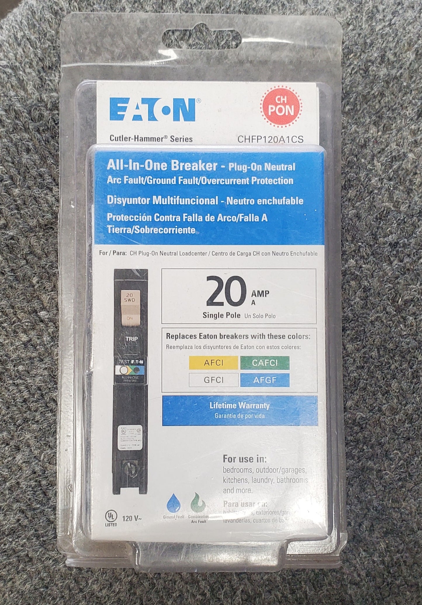 All-In-One Breaker 20 Amp single Pole Plug-on Neutral Arc Fault/Ground CHFP120A1CS Eaton