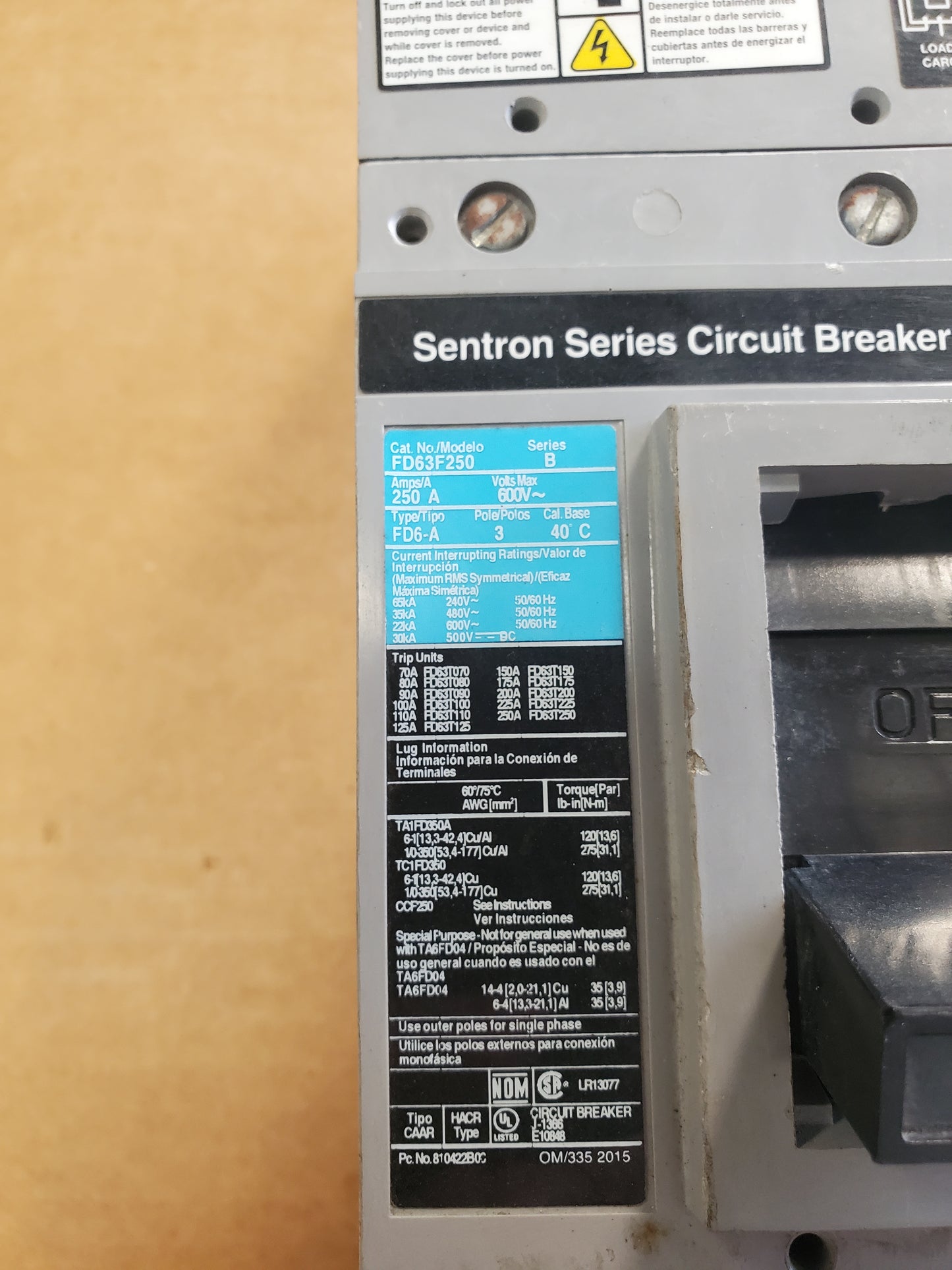 250 AMP Siemens FD63F250 Circuit Breaker