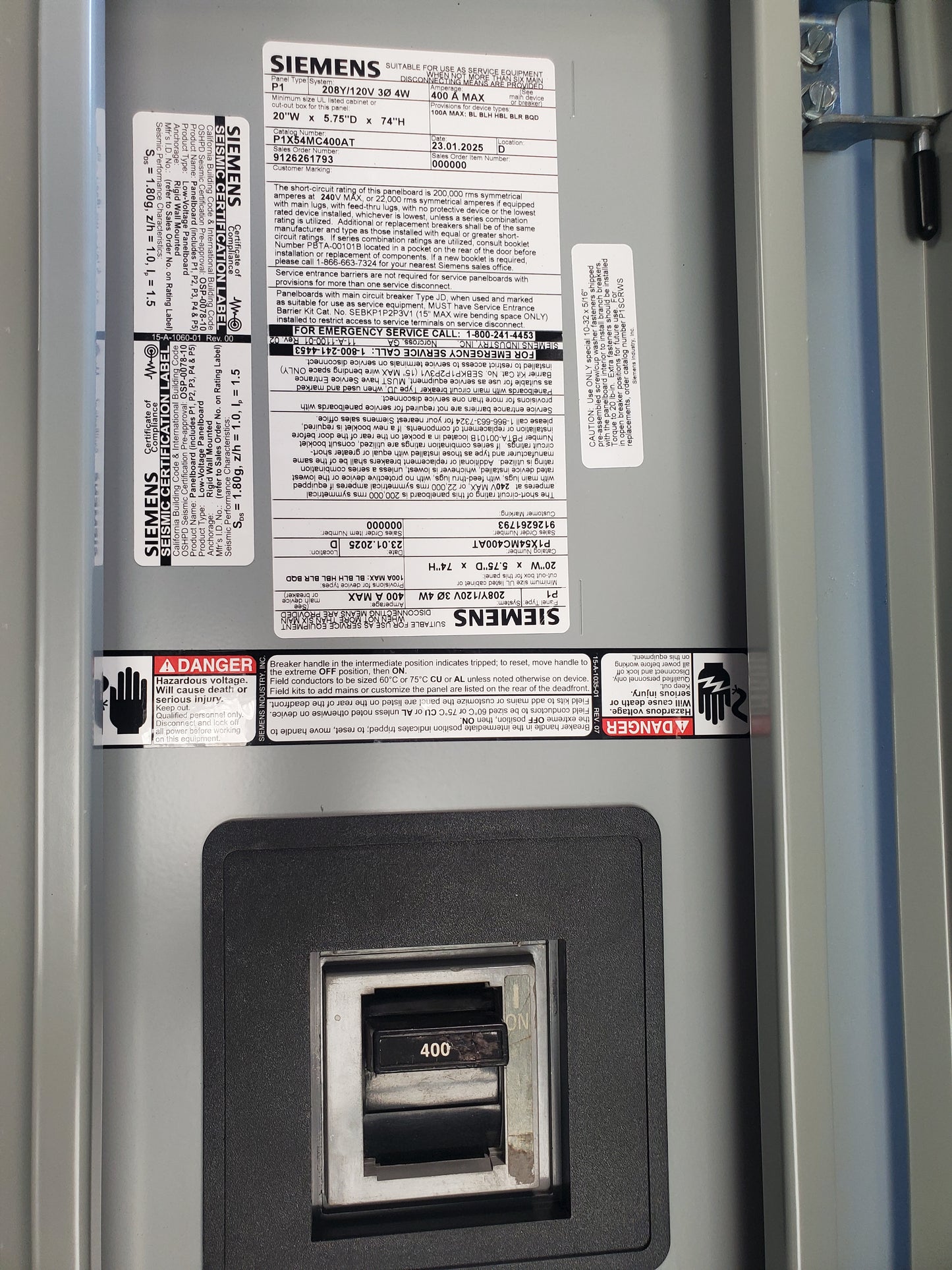 P1X54MC400AT 400 AMP 208/120 VOLT 3 PHASE OUTDOOR MCB PANEL SIEMENS