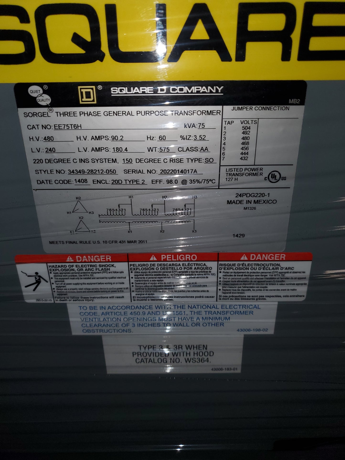 Square D EE75T6H 75 kVa 480 VAC Primary 240 VAC Delta Secondary Energy Efficient