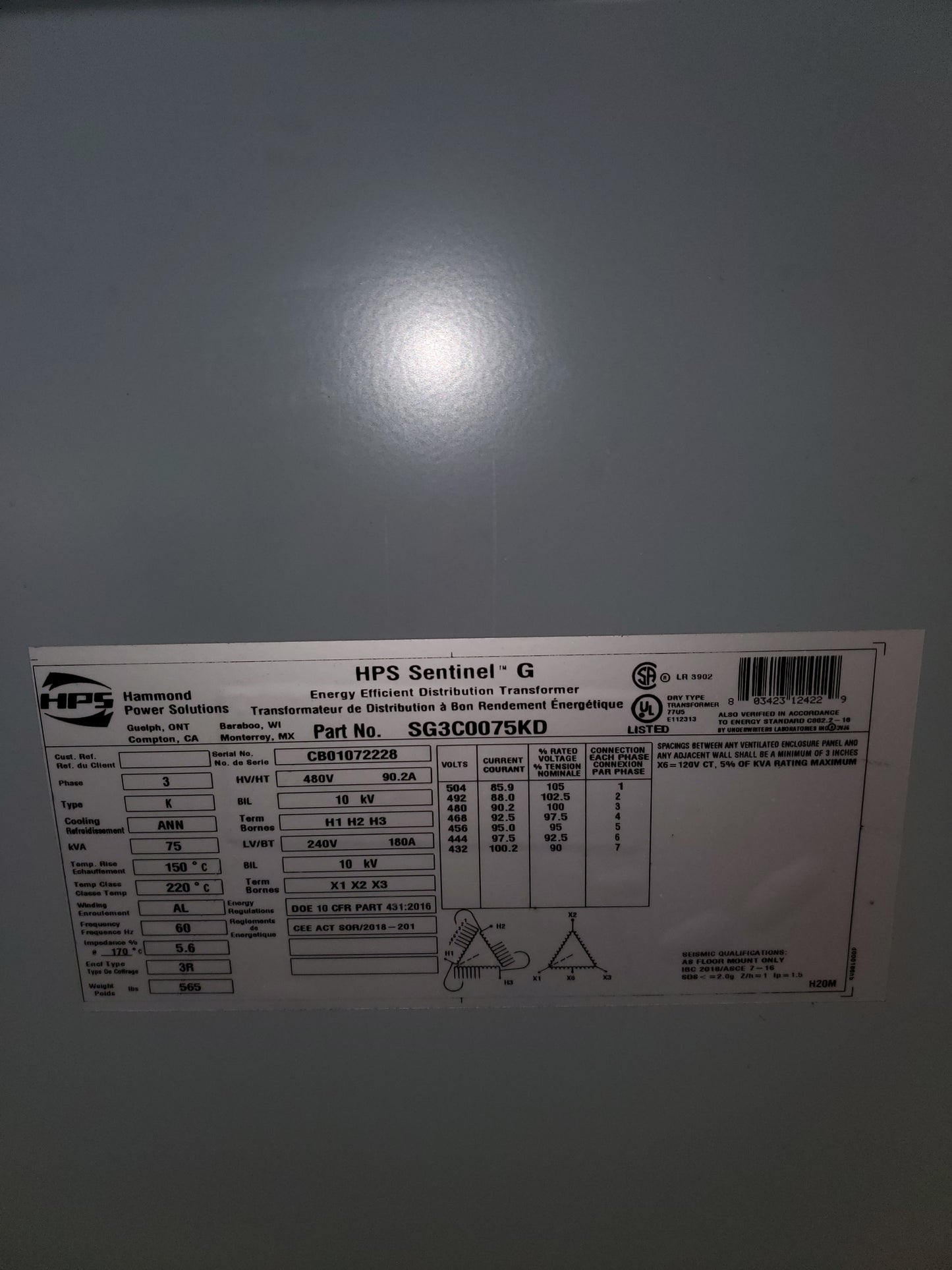 SG3C0075KD Hammond Power Solutions 75 Kva P480v S240v 3 phase transformer