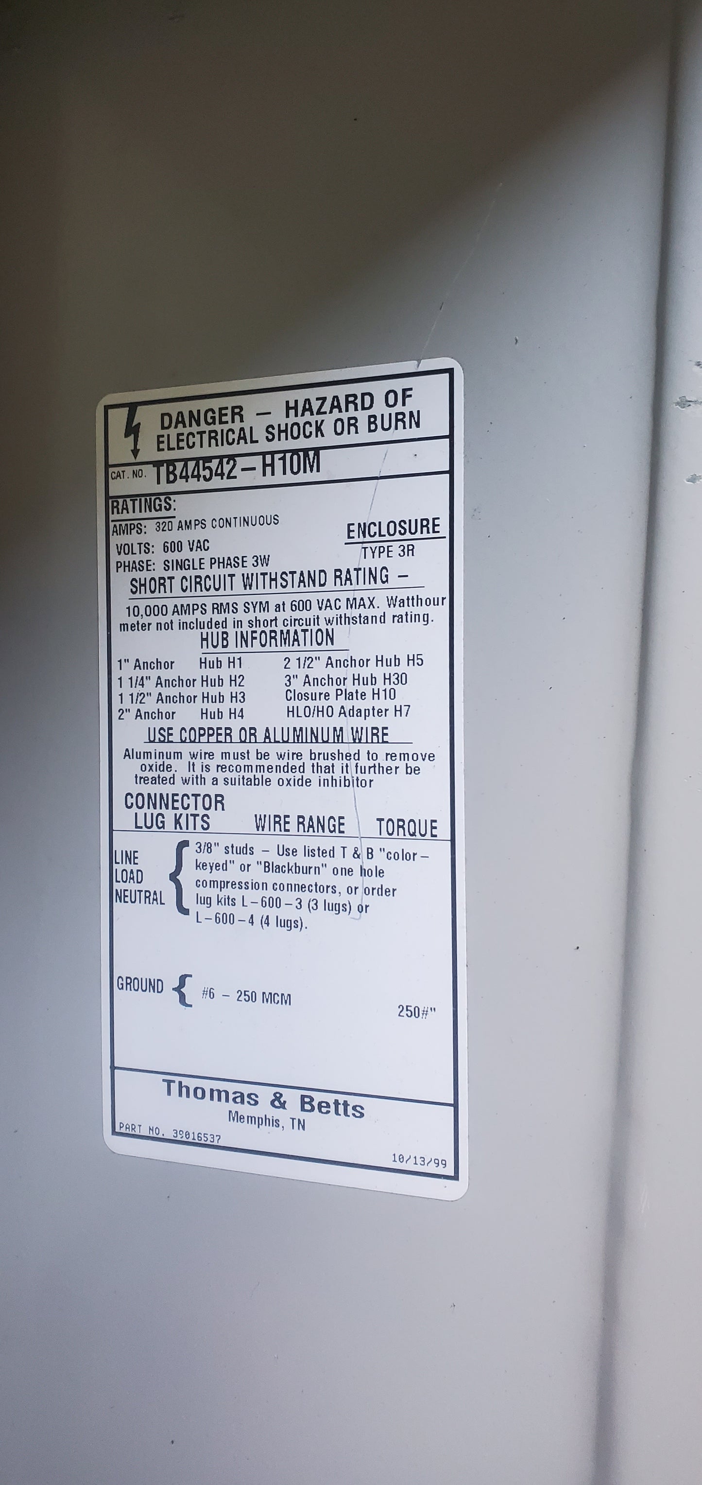 THOMAS & BETTS 320 AMP 600 VOLT UNDRGROUND METER CAN SINGLE PHASE CAT #TB44542-H10M