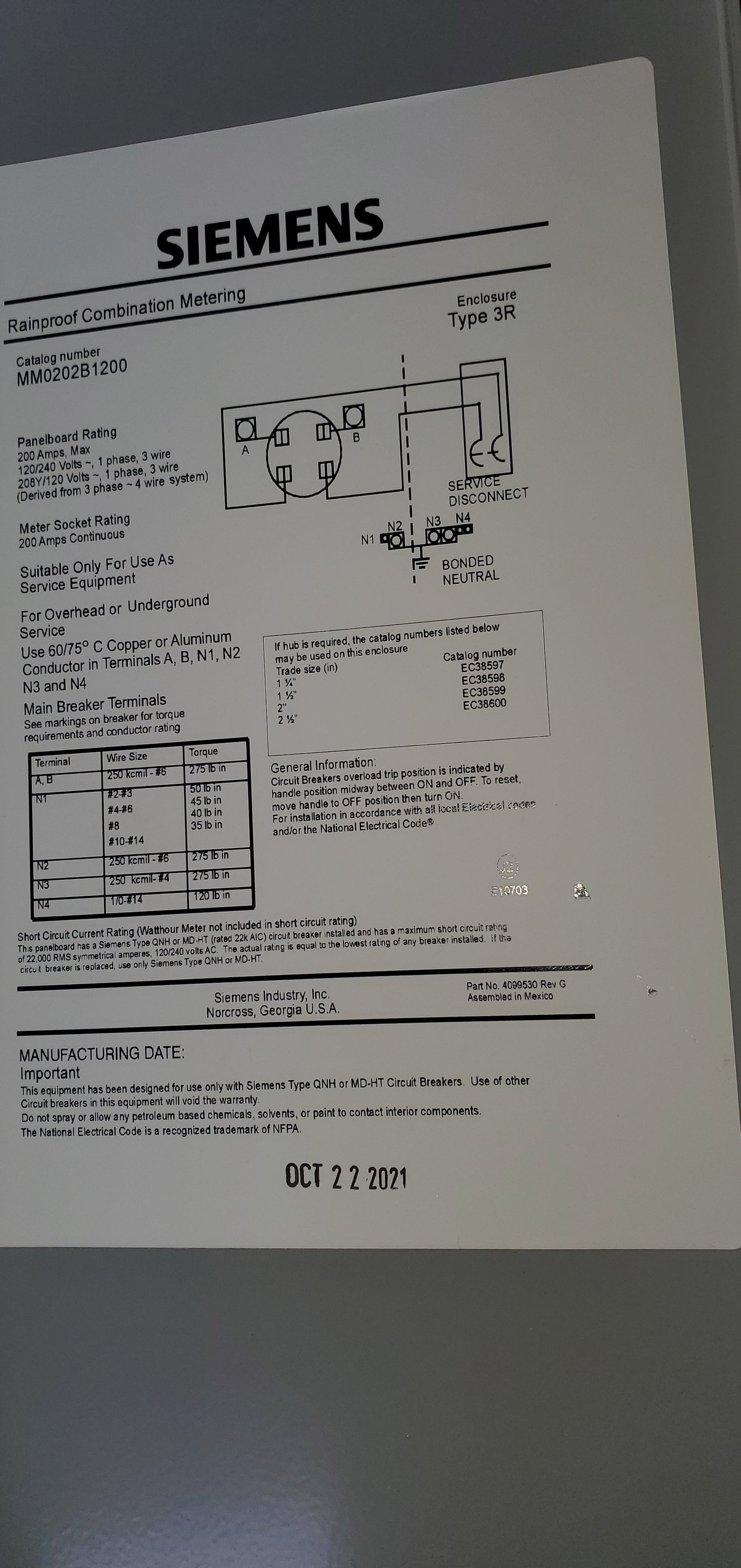 Siemens MM0202B1200 120/240 VAC 200 Amp 1-Phase 22 kA 3-Wire 4-Jaw 2-Circuit Horn Bypass Ring Meter Main