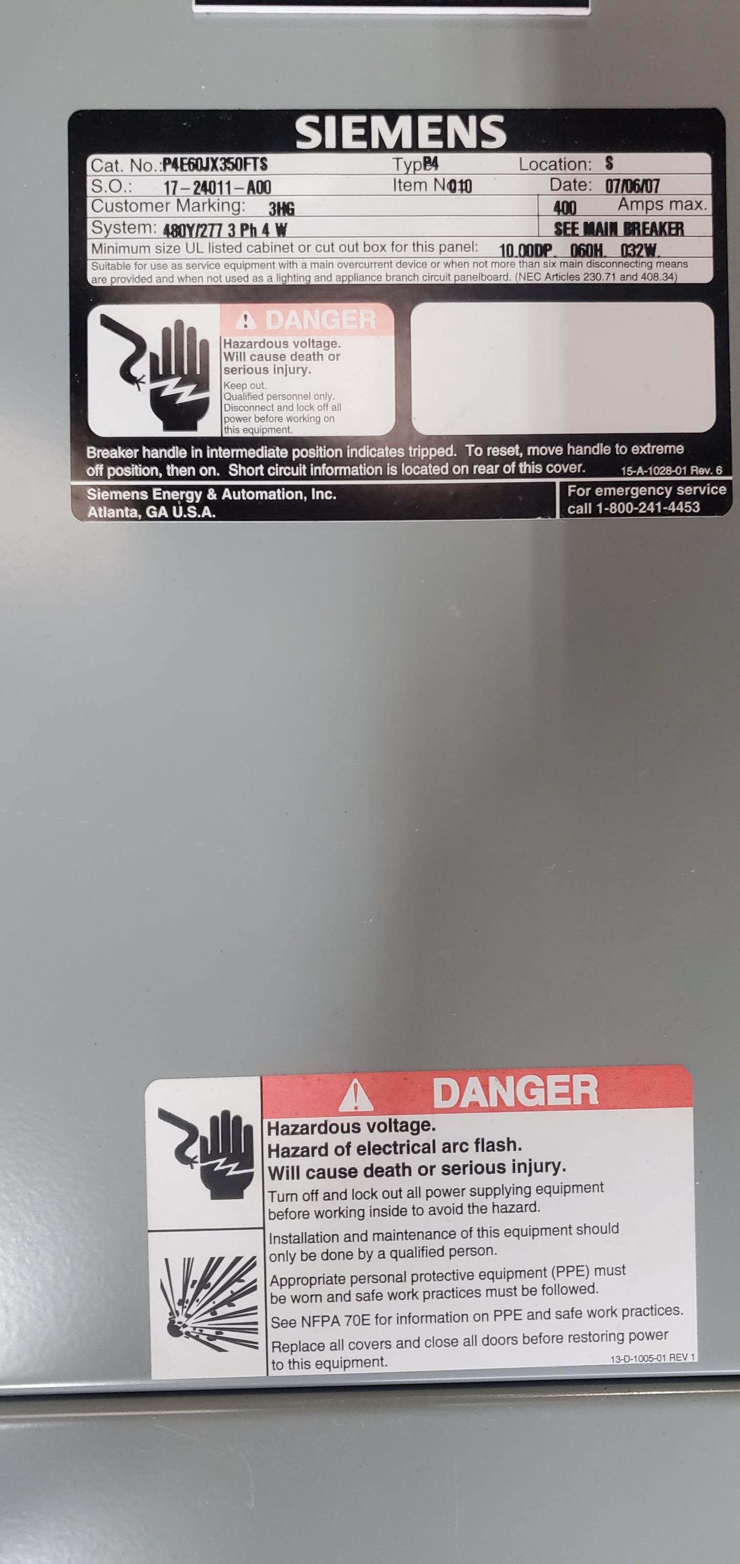 400 AMP 480/277 VOLT MAIN BREAKER INDOOR SIEMENS PANEL