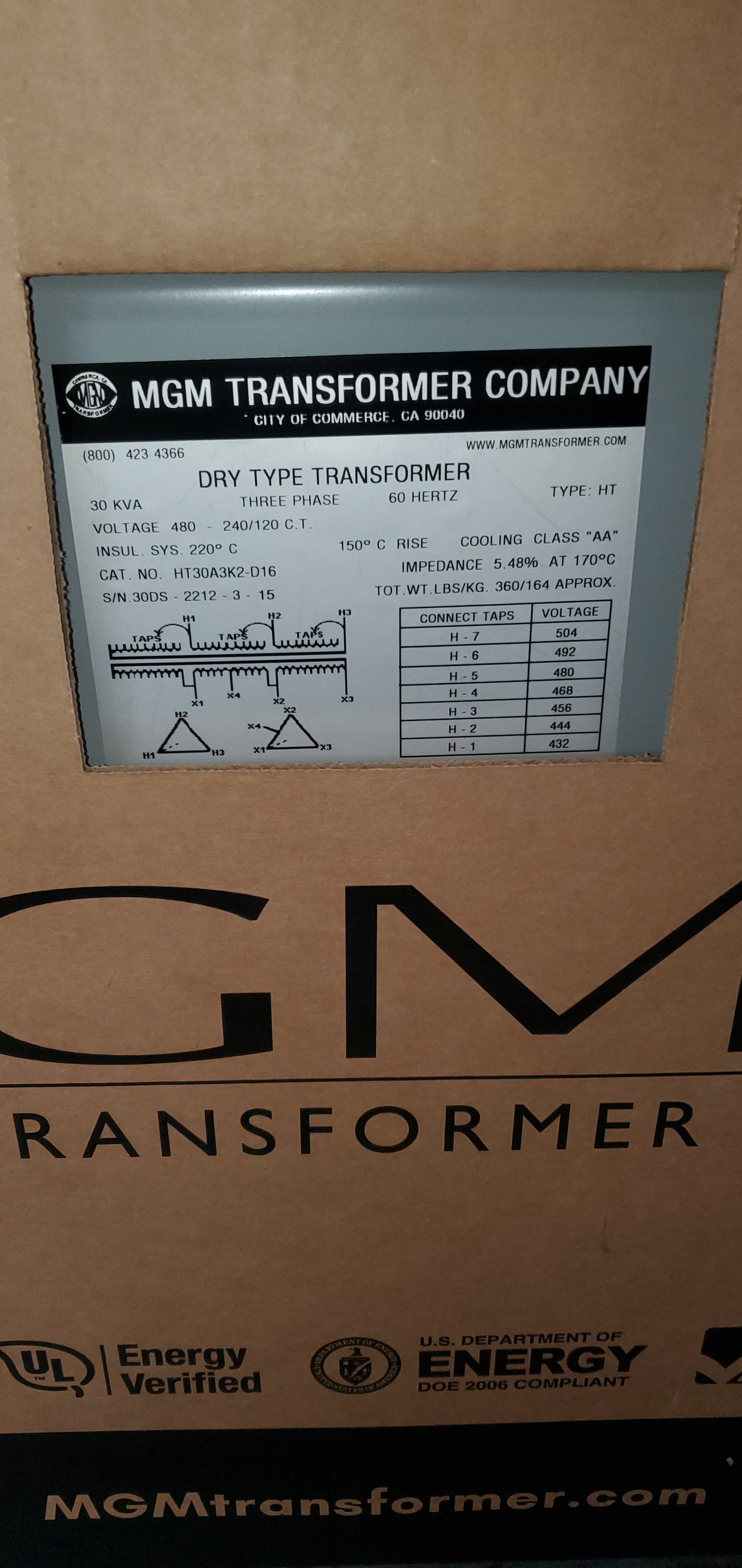 MGM HT30A3K2-D16 30 KVA Transformer 3 Phase 480v-240v/120v