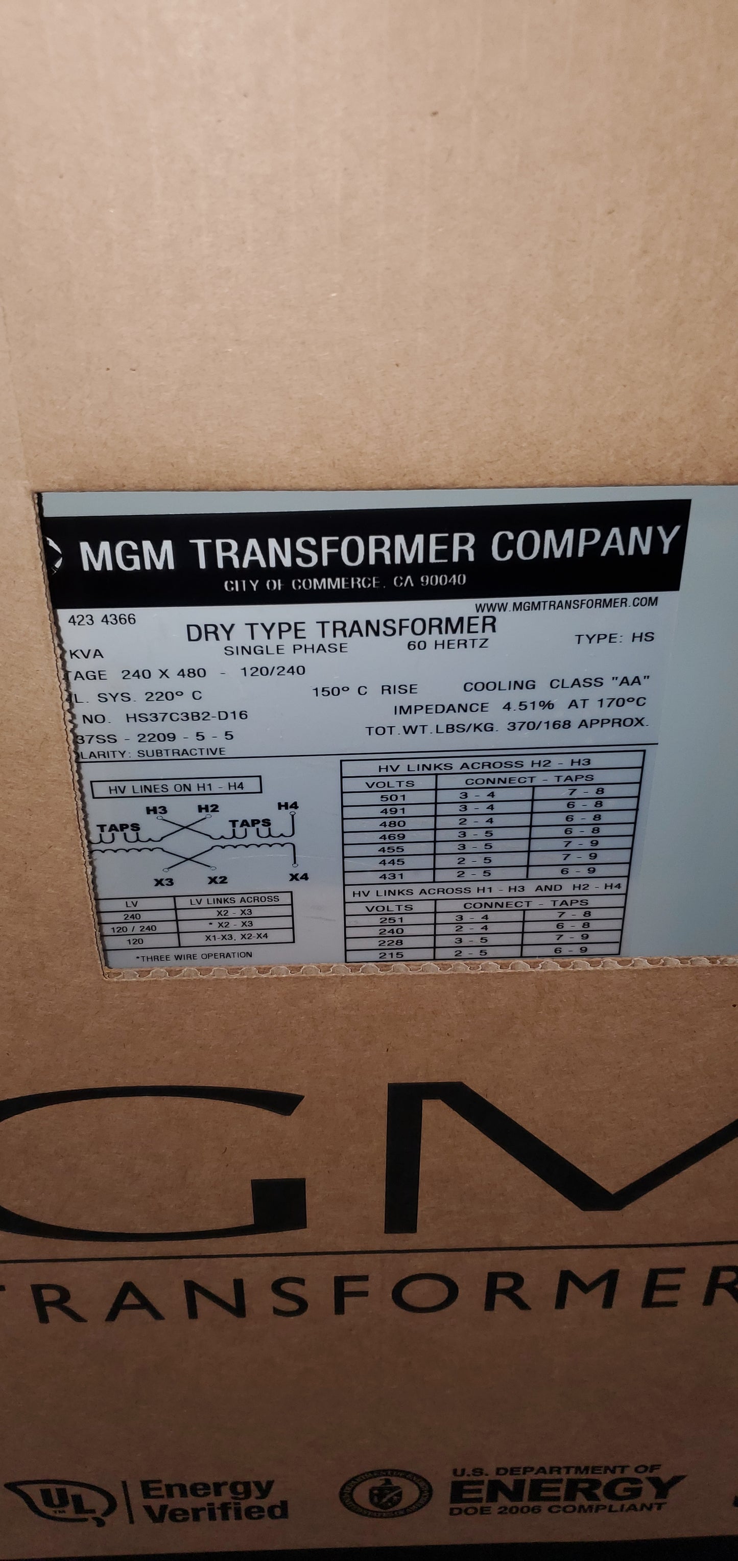 MGM 37.5kva Transformer 1 Single Phase 480v/240v-120v/240v Delta 37KVA