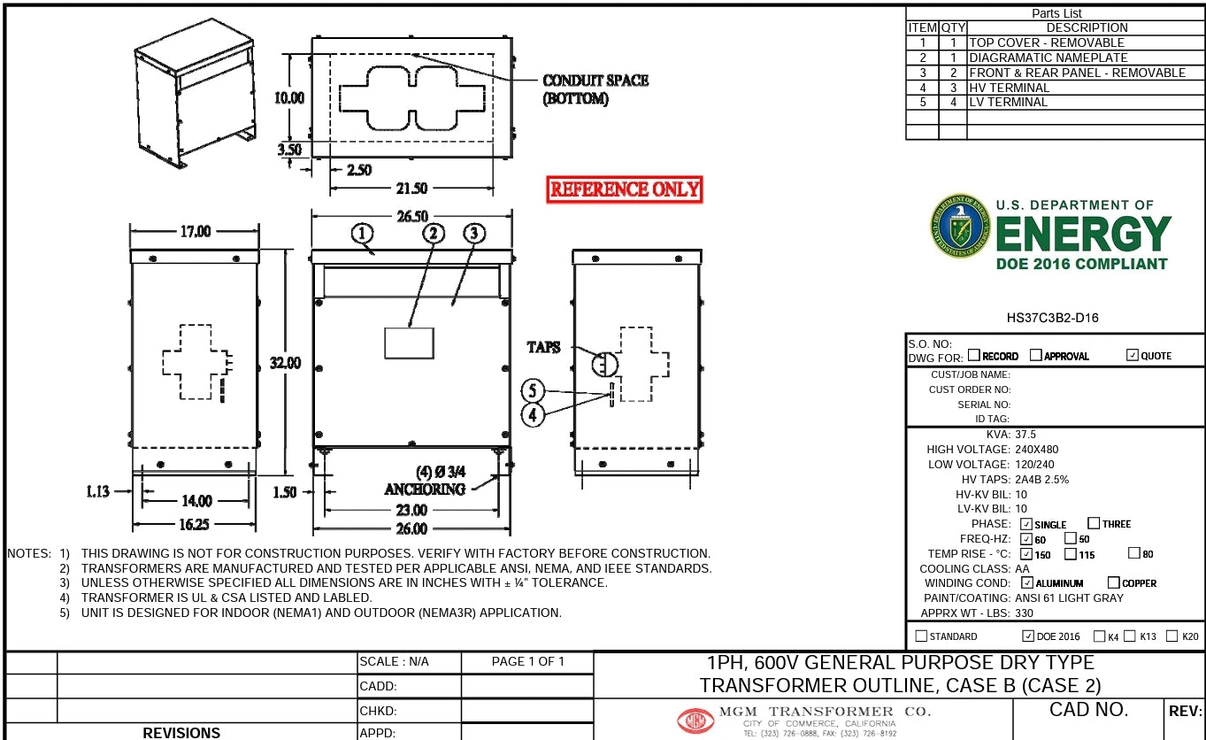 MGM 37.5kva Transformer 1 Single Phase 480v/240v-120v/240v Delta 37KVA