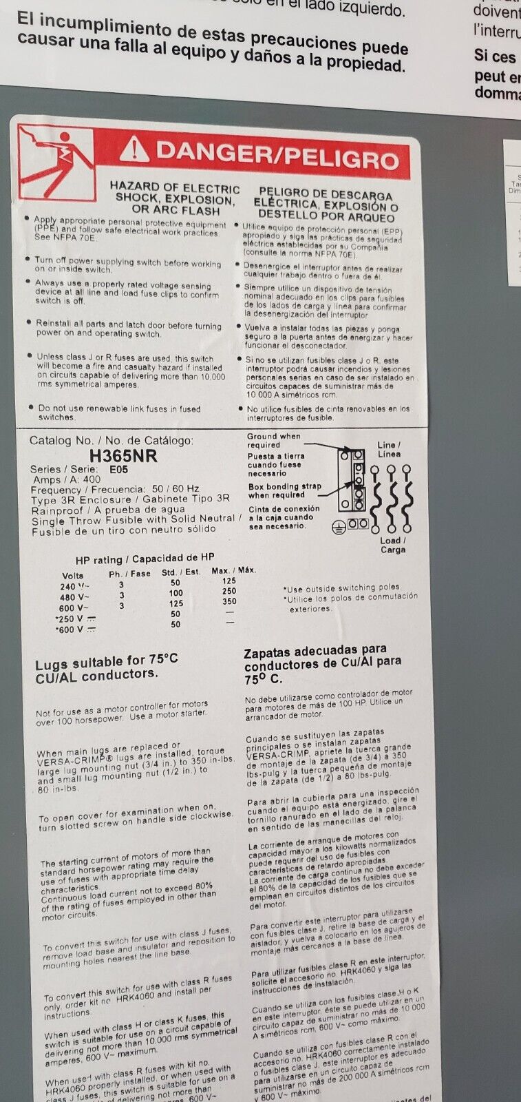 H365R - Square D 400 Amp 3 Pole 600 Volt Disconnect and Safety Switches