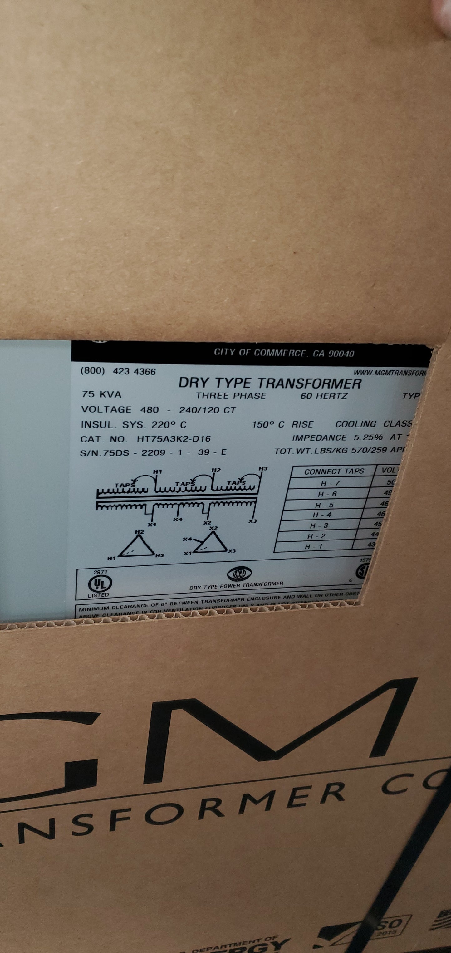 MGM HT75A3K2-D16 3-Phase 480V Primary 240/120V Secondary Aluminum Ventilated Transformer