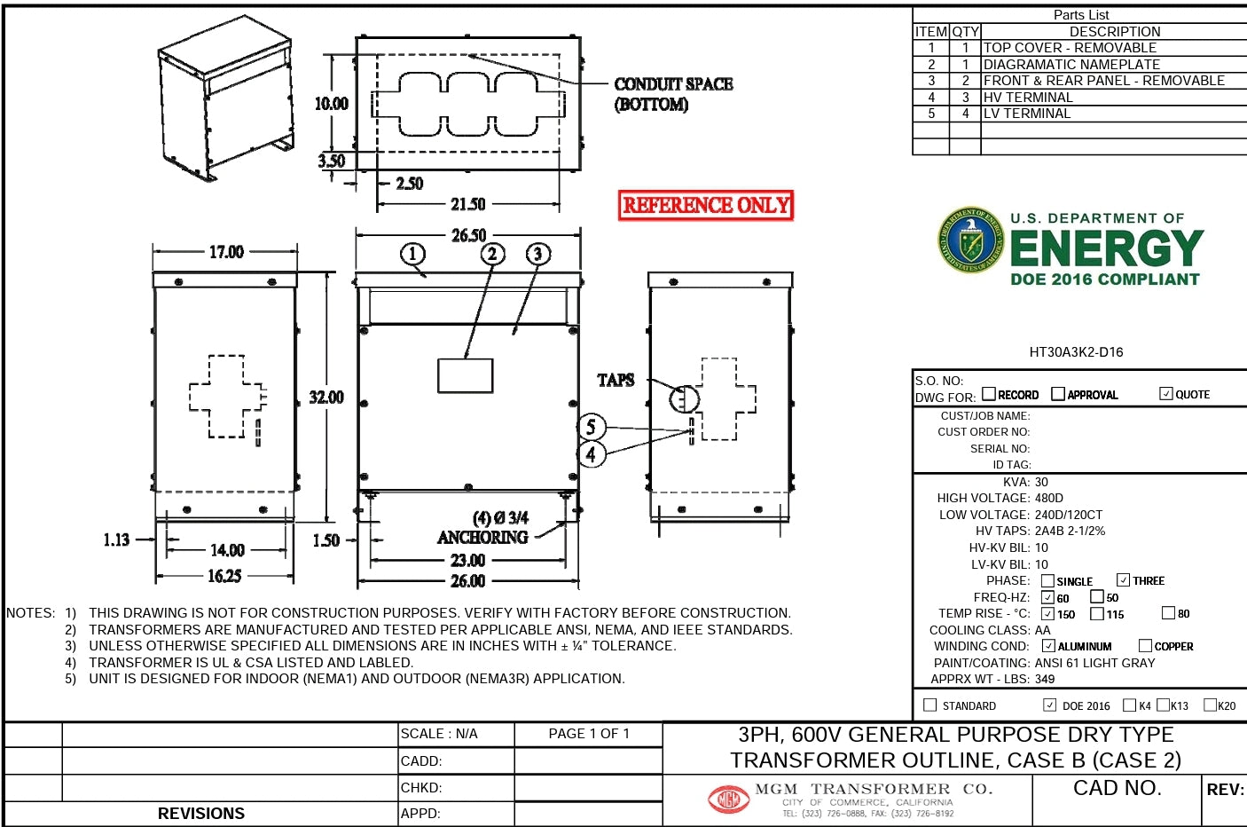 MGM HT30A3K2-D16 30 KVA Transformer 3 Phase 480v-240v/120v